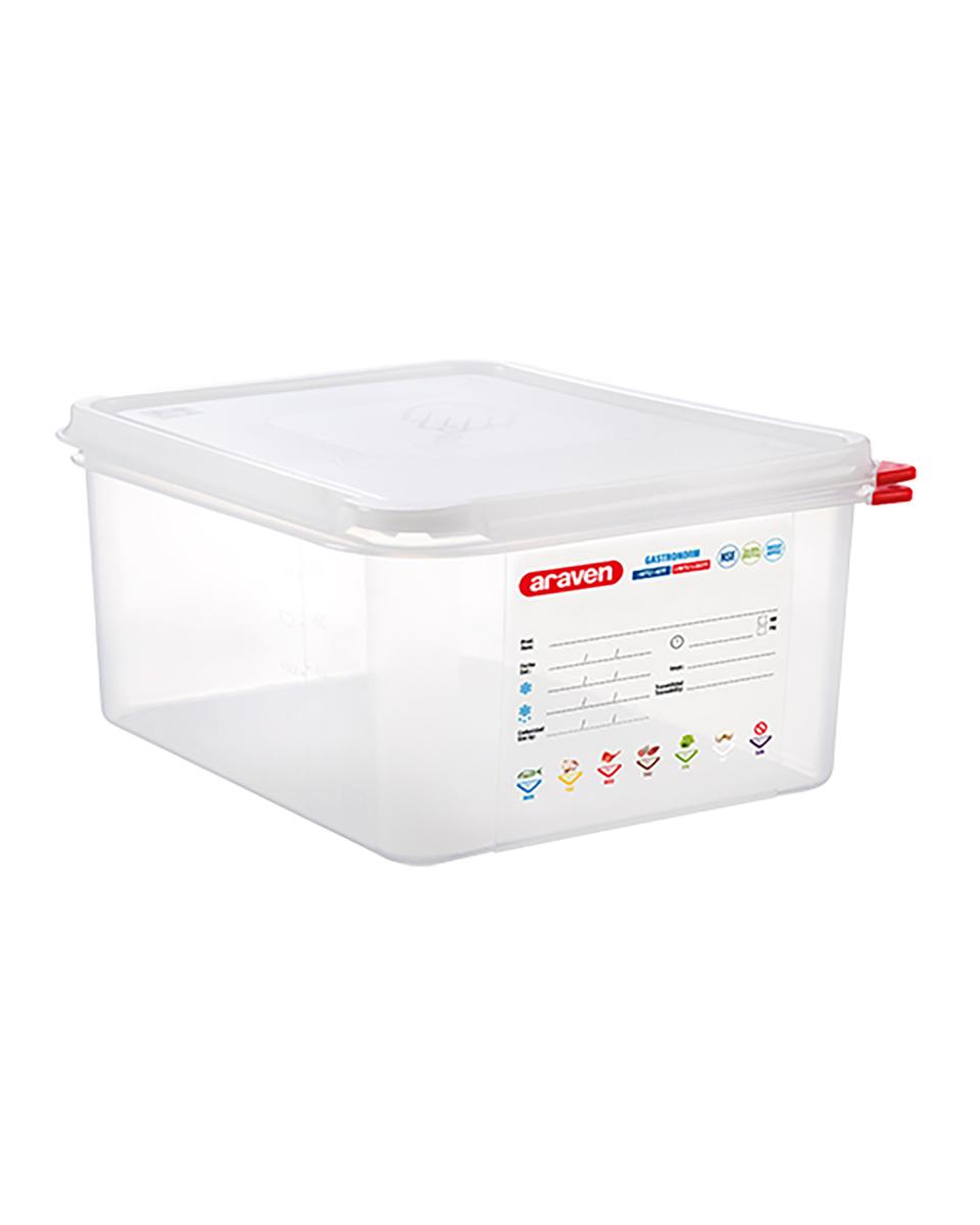 Voedseldoos - 1/2 GN - 10 Liter - H 15 x 32.5 x 26.5 CM - Polypropyleen - Transparant - -40°C / +95°C - Luchtdicht Afsluitbaar - Araven - 962322