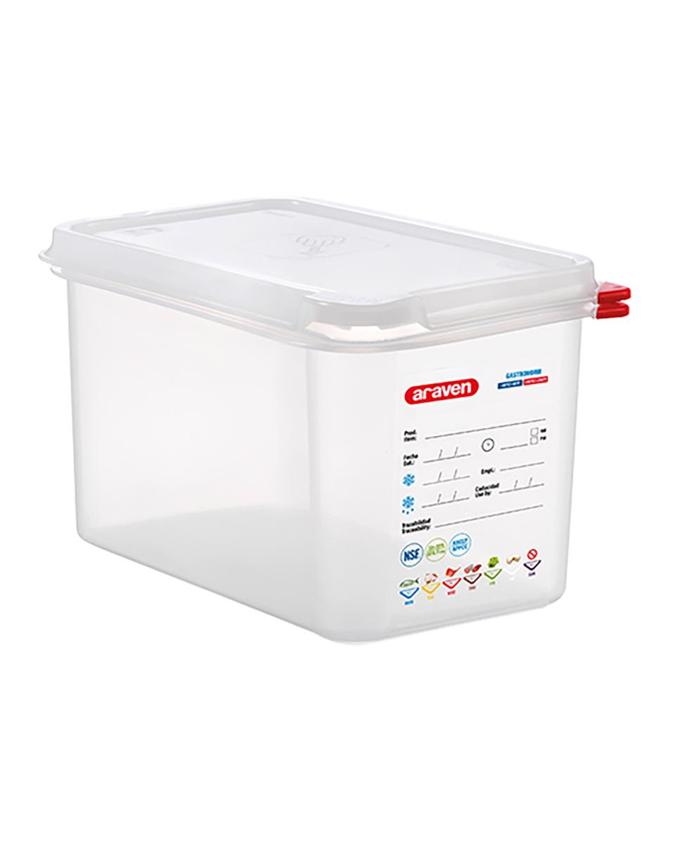 Voedseldoos - 1/4 GN - 4.3 Liter - H 15 x 26.5 x 16.2 CM - Polypropyleen - Transparant - -40°C / +95°C - Luchtdicht Afsluitbaar - Araven - 962342
