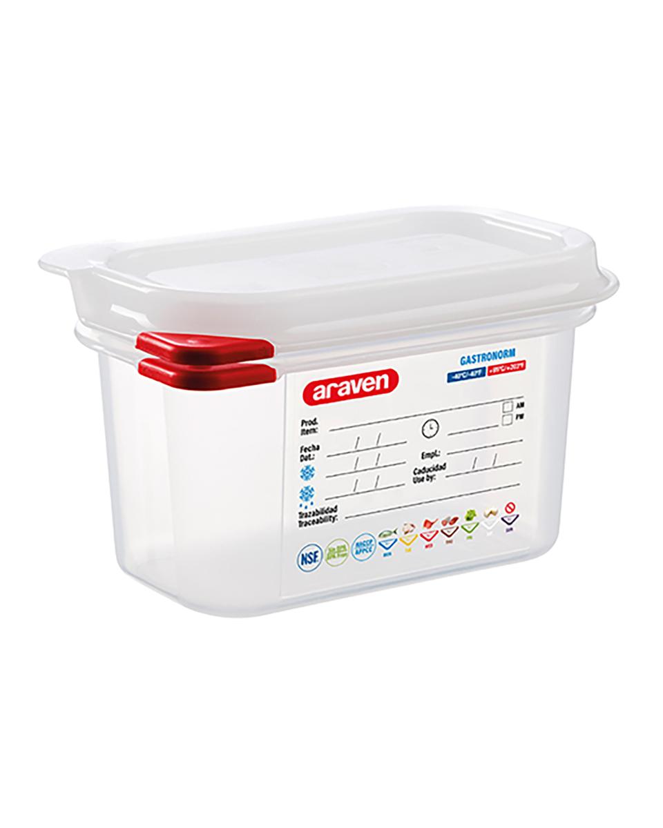 Voedseldoos - 1/9 GN - 1 Liter - H 10 x 17.6 x 10.8 CM - Polypropyleen - Transparant - -40°C / +95°C - Luchtdicht Afsluitbaar - Araven - 962393
