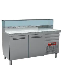 Pizzawerkbank - 2 deurs - 3 laden - H 90 x 159 x 70 CM - 6 x 1/4 GN - Motor rechts - Diamond - MR-PIZZA/R2