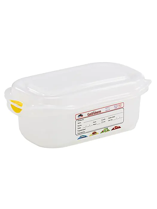Voedseldoos - 1/9 GN - 0.6 Liter - H 6.5 x 17.6 x 10.8 CM - Polypropyleen - Transparant - -40°C / +100°C - Luchtdicht Afsluitbaar - Denox - 600330 E600330 €3.85 Voedselbakken