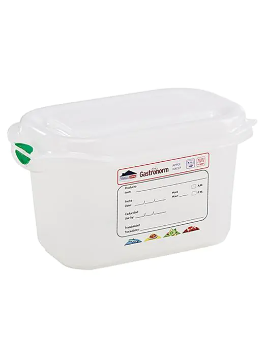 Voedseldoos - 1/9 GN - 1 Liter - H 10 x 17.6 x 10.8 CM - Polypropyleen - Transparant - -40°C / +100°C - Luchtdicht Afsluitbaar - Denox - 600340 E600340 €4.25 Voedselbakken