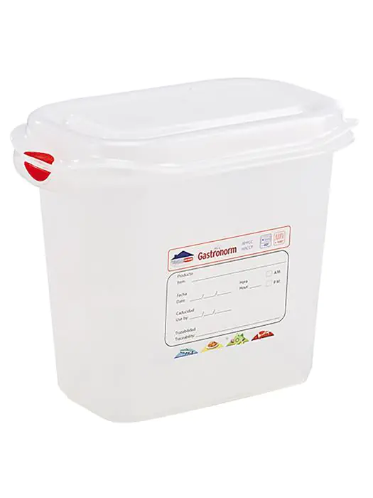 Voedseldoos - 1/9 GN - 1.5 Liter - H 15 x 17.6 x 10.8 CM - Polypropyleen - Transparant - -40°C / +100°C - Luchtdicht Afsluitbaar - Denox - 600350 E600350 €4.55 Voedselbakken