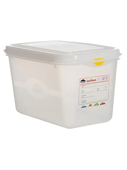 Voedseldoos - 1/4 GN - 4.3 Liter - H 15 x 26.5 x 16.2 CM - Polypropyleen - Transparant - -40°C / +100°C - Luchtdicht Afsluitbaar - Denox - 600420 E600420 €6.60 Voedselbakken