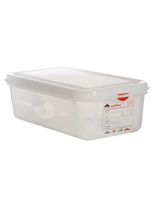 Voedseldoos - 1/3 GN - 4 Liter - H 10 x 32.5 x 17.6 CM - Polypropyleen - Transparant - -40°C / +100°C - Luchtdicht Afsluitbaar - Denox - 600440 E600440 €8.50 Voedselbakken