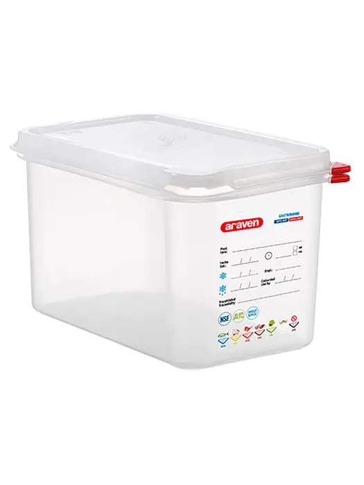 Voedseldoos - 1/4 GN - 4.3 Liter - H 15 x 26.5 x 16.2 CM - Polypropyleen - Transparant - -40°C / +95°C - Luchtdicht Afsluitbaar - Araven - 962342 E962342 €9.10 Voedselbakken