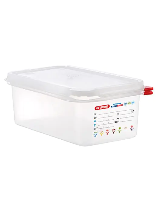 Voedseldoos - 1/4 GN - 2.8 Liter - H 10 x 26.5 x 16.2 CM - Polypropyleen - Transparant - -40°C / +95°C - Luchtdicht Afsluitbaar - Araven - 962343 E962343 €8.20 Voedselbakken