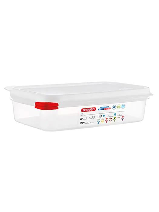 Voedseldoos - 1/4 GN - 1.8 Liter - H 6.5 x 26.5 x 16.2 CM - Polypropyleen - Transparant - -40°C / +95°C - Luchtdicht Afsluitbaar - Araven - 962344 E962344 €7.15 Voedselbakken