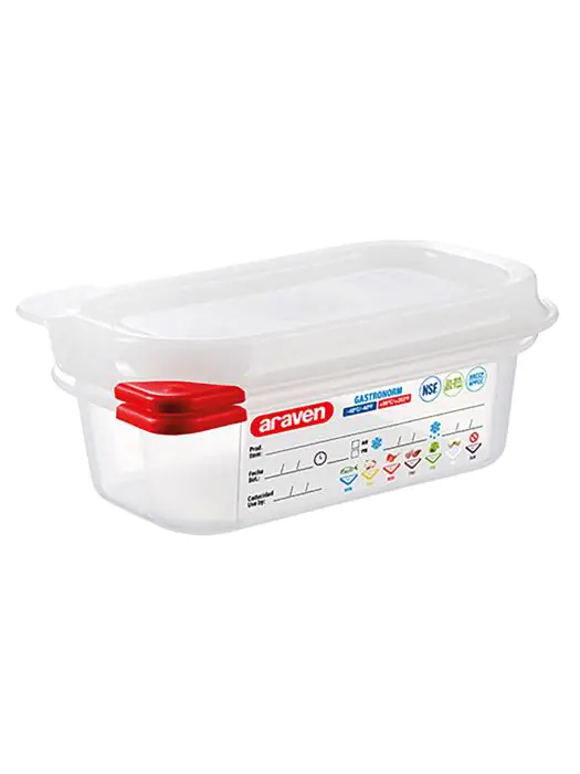 Voedseldoos - 1/9 GN - 0.6 Liter - H 6.5 x 17.6 x 10.8 CM - Polypropyleen - Transparant - -40°C / +95°C - Luchtdicht Afsluitbaar - Araven - 962394 E962394 €4.75 Voedselbakken