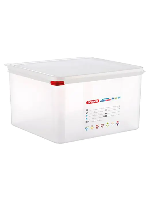 Voedseldoos - 2/3 GN - 19 Liter - H 20 x 35.4 x 32.5 CM - Polypropyleen - Transparant - -40°C / +95°C - Luchtdicht Afsluitbaar - Araven - 962231 E962231 €27.00 Voedselbakken