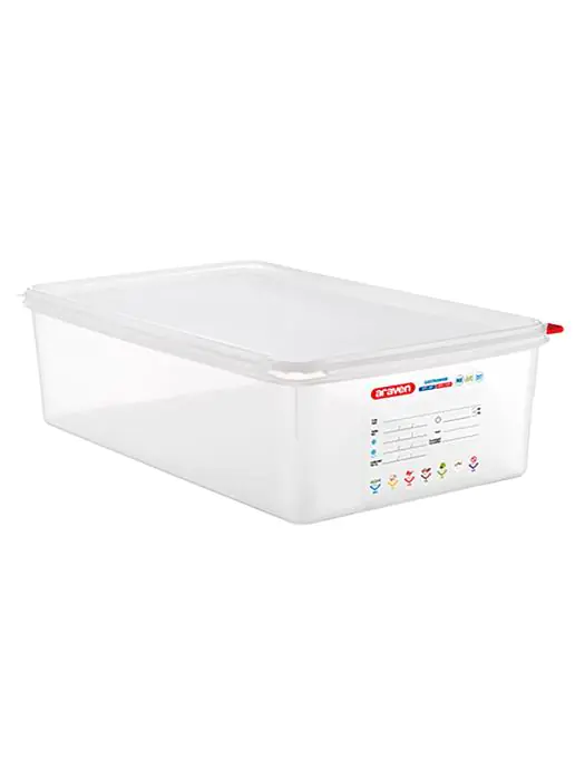 Voedseldoos - 1/1 GN - 20.5 Liter - H 15 x 53 x 32.5 CM - Polypropyleen - Transparant - -40°C / +95°C - Luchtdicht Afsluitbaar - Araven - 962312 E962312 €26.50 Voedselbakken