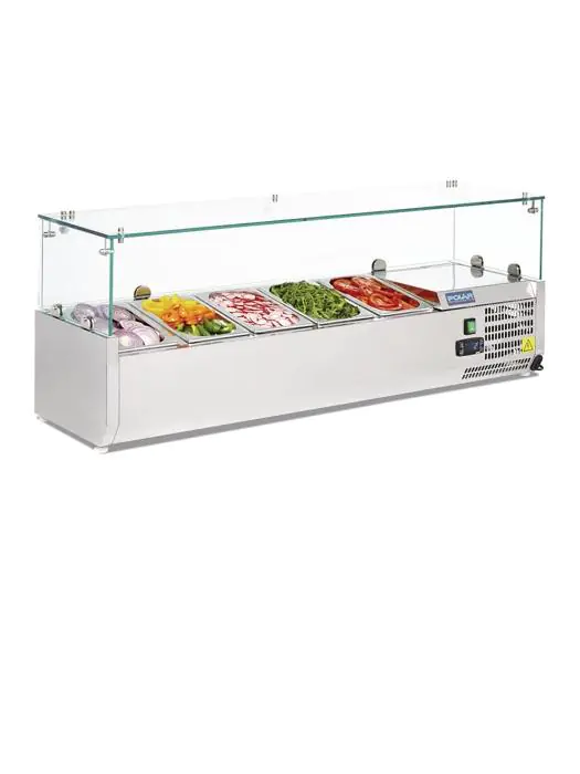 Gekoelde opzevitrine - 5 x 1/4 GN - H 43.5 x 120 x 33 CM - 230 V - RVS - Polar - G608 G608 €539.95 Vitrine met glas