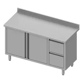 Gesloten RVS Werktafel - Draaideuren - 2 Lades Rechts - Opstaande Rand 10 CM