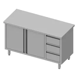 Gesloten RVS Werktafel - Draaideuren - 3 Lades Rechts
