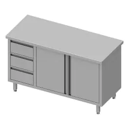 Gesloten RVS Werktafel - Draaideuren - 3 Lades Links