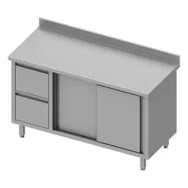 Gesloten RVS Werktafel - Schuifdeuren - 2 Lades Links - Opstaande Rand 10 CM