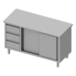 Gesloten RVS Werktafel - Schuifdeuren - 3 Lades Links