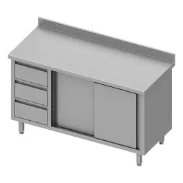 Gesloten RVS Werktafel - Schuifdeuren - 3 Lades Links - Opstaande Rand 10 CM