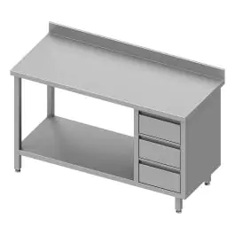 RVS Werktafel - Met Onderschap - Opstaande Rand 10 CM - 3 Lades Rechts