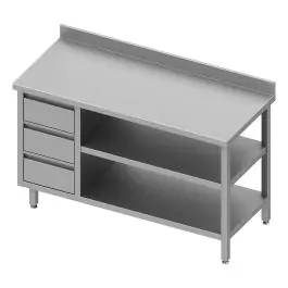 RVS Werktafel - Dubbel Onderschap - Opstaande Rand 10 CM - 3 Lades Links