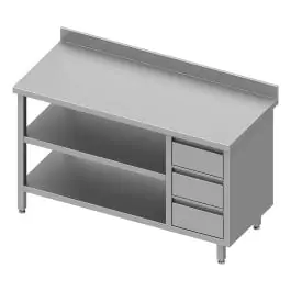 RVS Werktafel - Dubbel Onderschap - Opstaande Rand 10 CM - 3 Lades Rechts