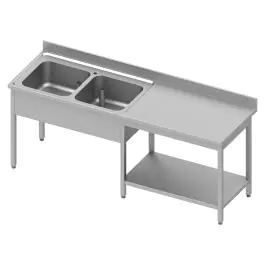RVS Cheftafel - 2 Spoelbakken Links - Met Onderschap - Opstaande Rand 10 CM