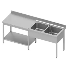 RVS Cheftafel - 2 Spoelbakken Rechts - Met Onderschap - Opstaande Rand 10 CM