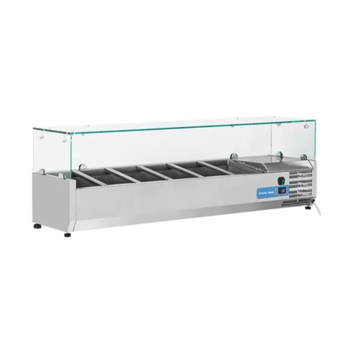 Koelvitrine - H 44 x 140 x 33.5 CM - 42 KG - 220 - 240 V - 160 W - Statische - R600A - RVS - 42 Liter - +2°C / +8°C - Cool Head - 712012 712012 €646.00 Vitrine met glas
