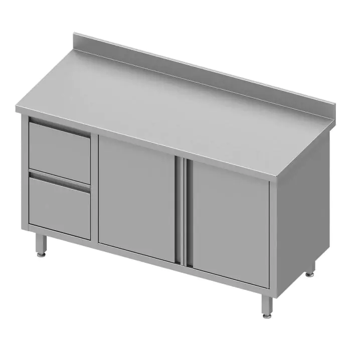 Gesloten RVS Werktafel - Draaideuren - 2 Lades Links - Opstaande Rand 10 CM - G-Line RVS-M-00209 €1,364.00 RVS gesloten werkbank