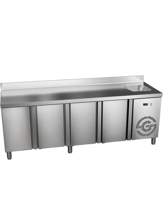 Koelwerkbank - 4-Deurs - Spoelbak - Opstaande Rand - 285 Liter - 230V - H 85 x B 224 x D 70 CM - G-Line HW-75439 €1,599.00 Koelwerkbanken