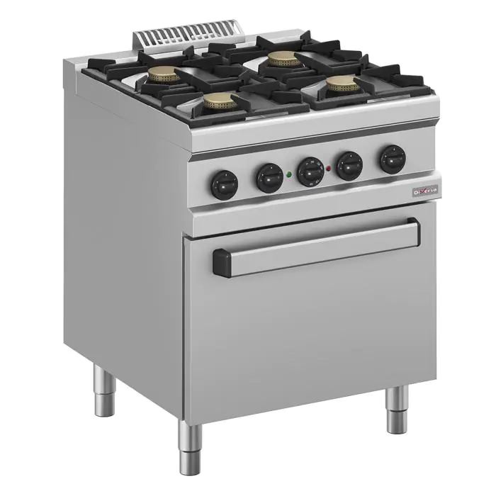 Gasfornuis - 4 Pits - Elektrische Convectie Oven - 1/1 GN - H x 85 x B 70 x D 70 CM - Diamond WR-M4BF-M1 €2,063.00 Gasfornuizen met oven