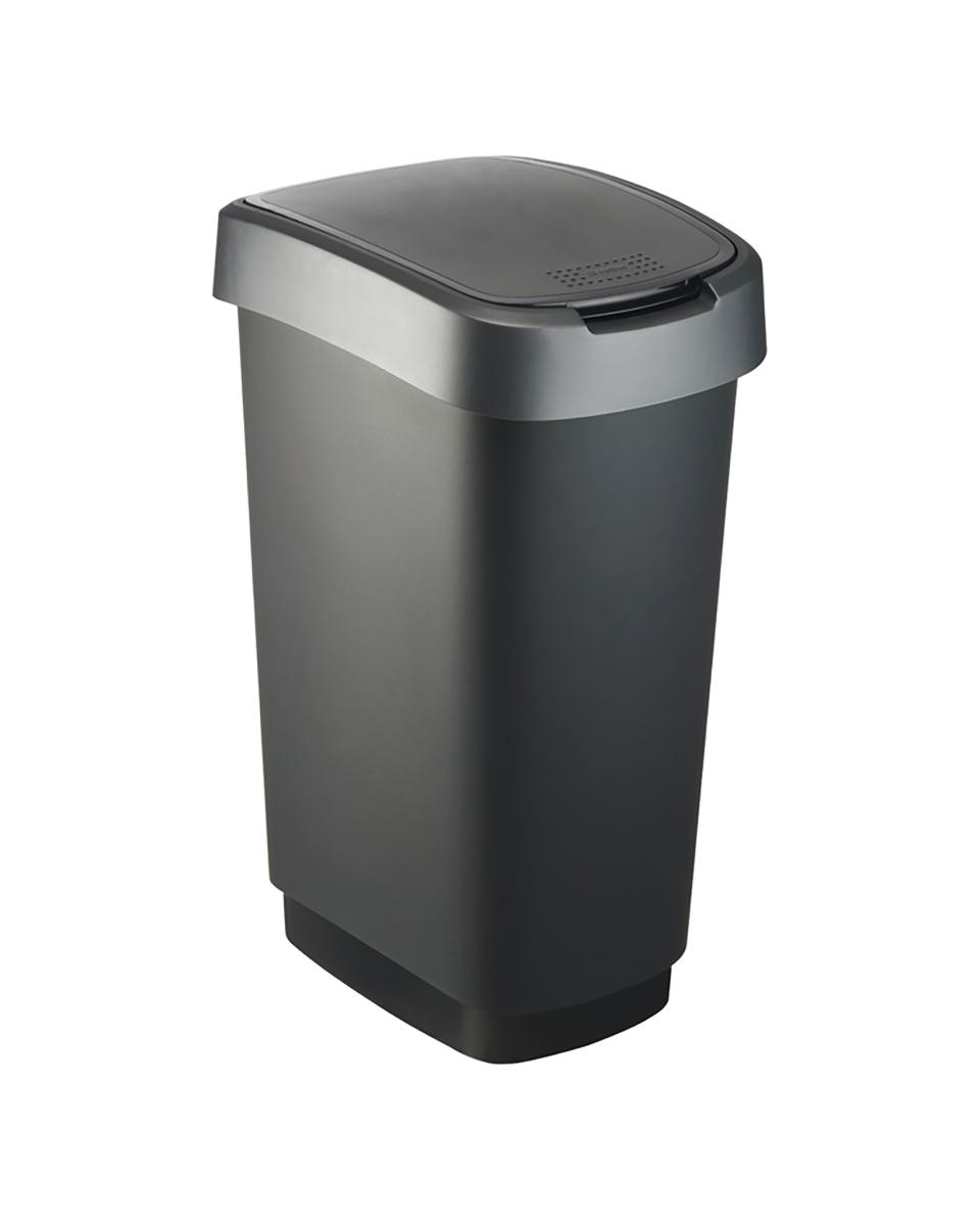Afvalbak - 50 Liter - Swingdeksel - Zwart / Zilver - Rotho - Twist - 523737