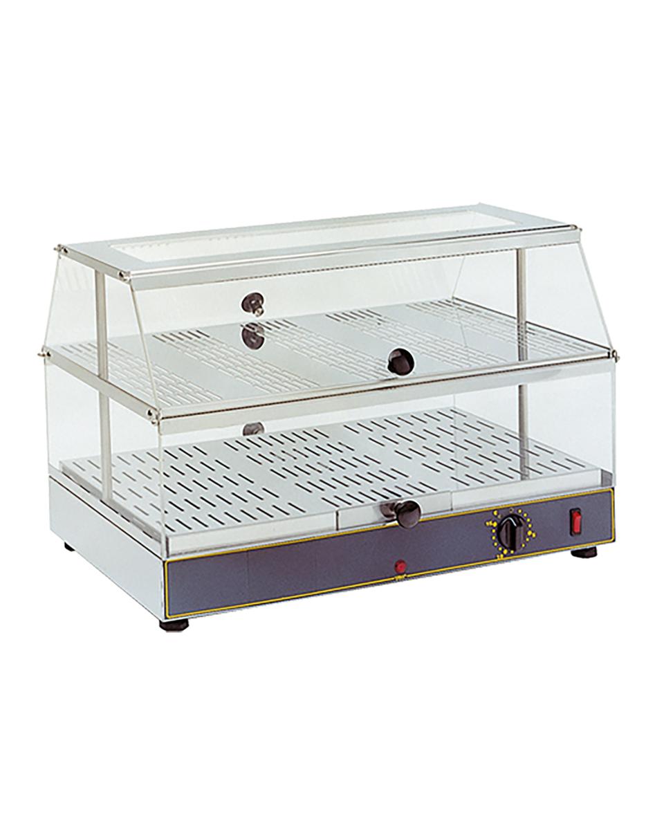Warmhoudvitrine - H 39 x 59 x 35 CM - 12 KG - 220 - 240 V - 650 W - RVS - +20°C	Tot 90°C - Roller Grill - 304400
