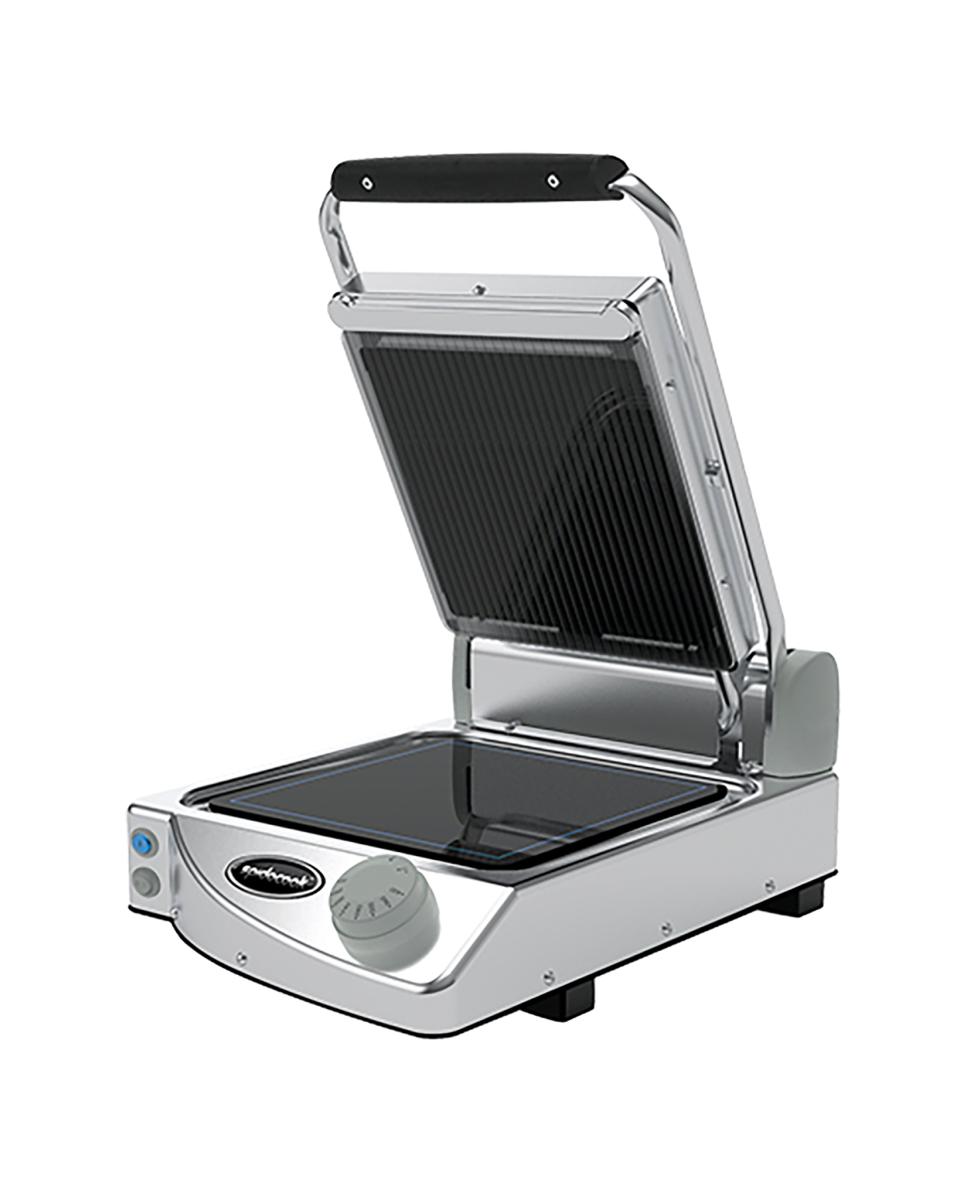 Contactgrill Solo - H 17.6 x 33.1 x 45.8 CM - 10 KG - 220-240 V - 1350 W - RVS - Geribbeld / Glad - +120°C / +400°C - Keramisch - SpidoCook - 596050