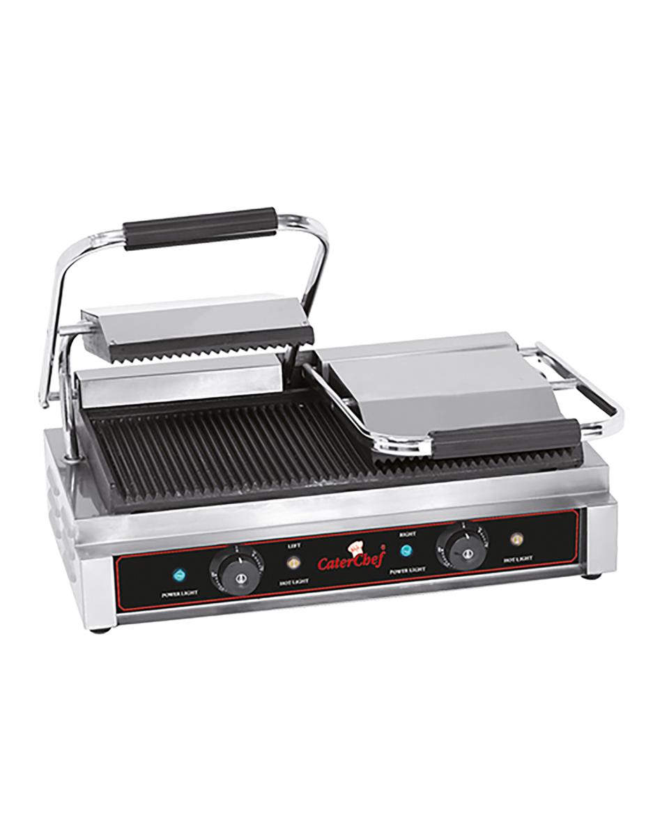 Contactgrill Duettocompact - H 19.3 x 56.6 x 32 CM - 28 KG - Zonder - Stekker V - 3600 W - Gietijzer - Geribbeld - +50°C / +300°C - Caterchef - 688415