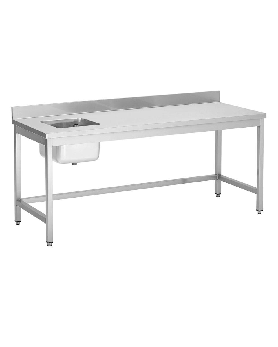 RVS cheftafel - Spoelbak links - 60 CM diep - Zonder onderschap - Opstaande rand blok 5 x 2 CM - Promoline