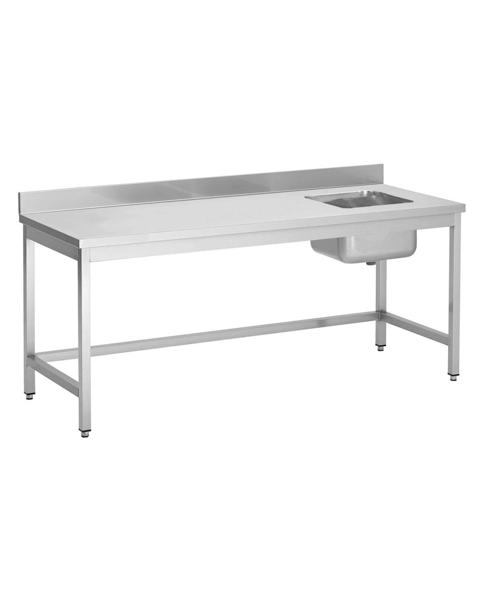 RVS cheftafel - Spoelbak rechts - 60 CM diep - Zonder onderschap - Opstaande rand blok 5 x 2 CM - Promoline