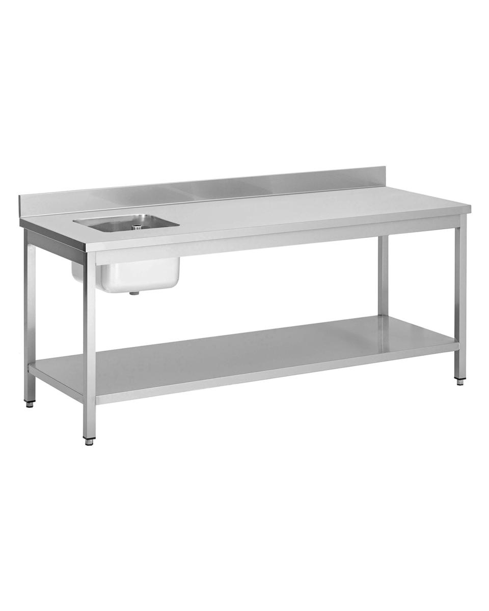 RVS cheftafel - Spoelbak links - 70 CM diep - Met onderschap - Opstaande rand plat 5 CM - Promoline