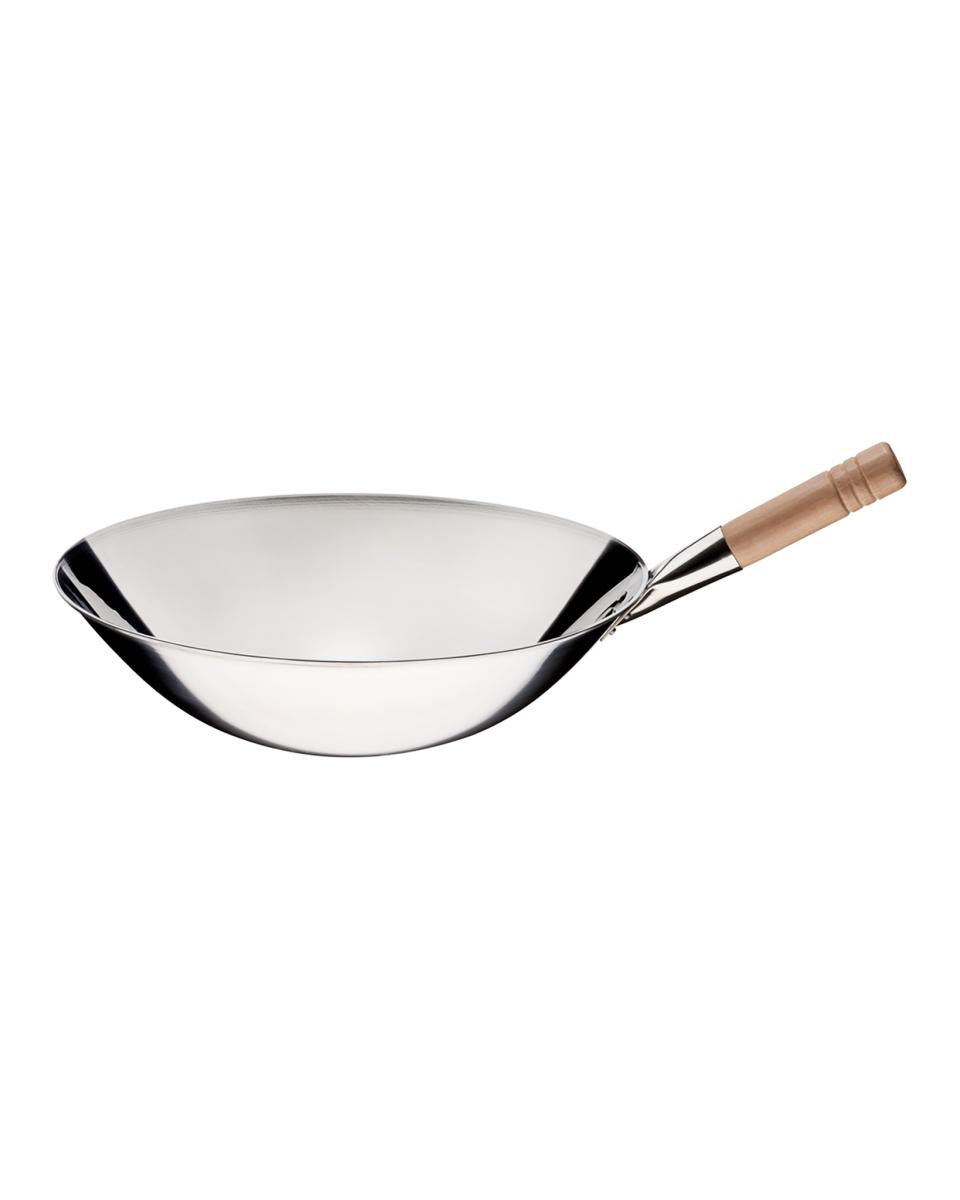 Wok - Ø40 x H 12 CM - Staal - Gepolijst - Houten handgreep - Promoline